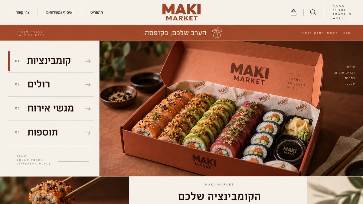 קונספט עיצוב לאתר סושי בשם MAKI MARKET: תפריט קטגוריות לצד צילום קופסת רולים פתוחה